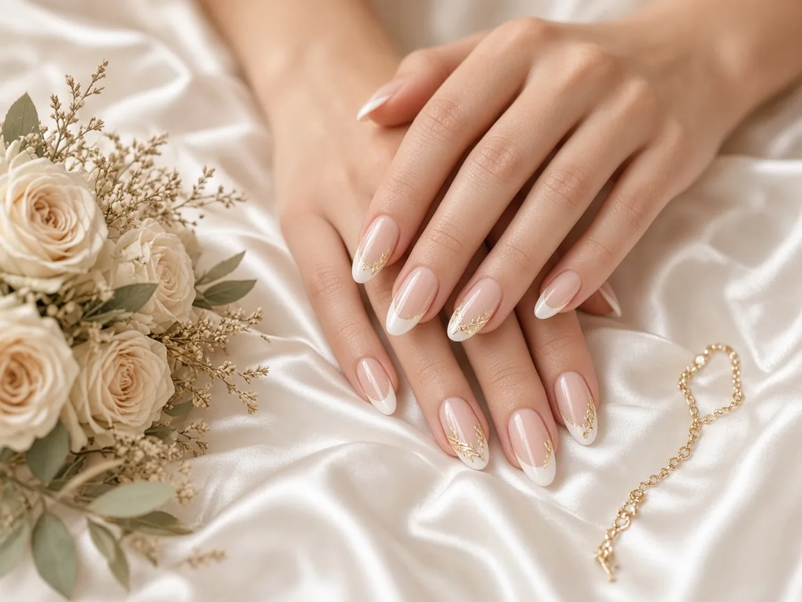 Bridal French gel nail extensions with gold accent at home in Dubai