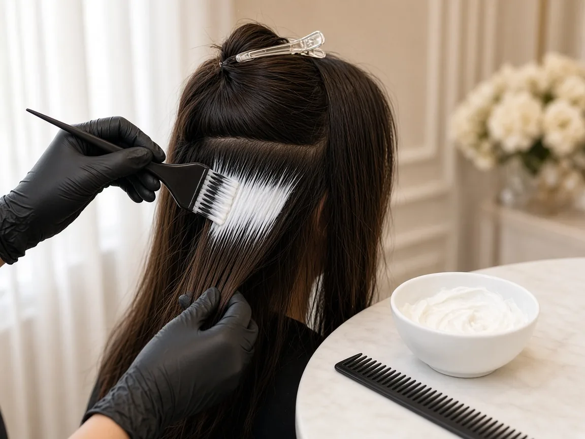 Stylist applying hair botox treatment at home in Dubai