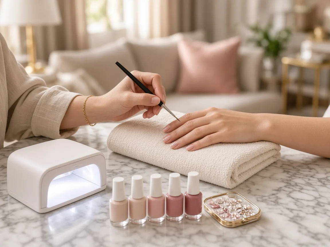Nail artist painting nail art at home in Dubai