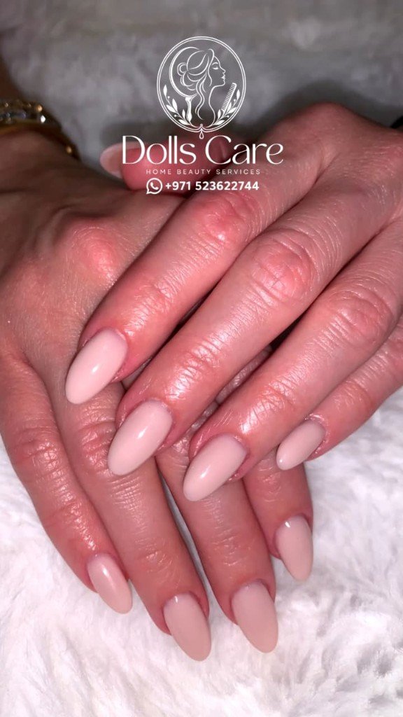 Nude almond Gelish nails at home Dubai