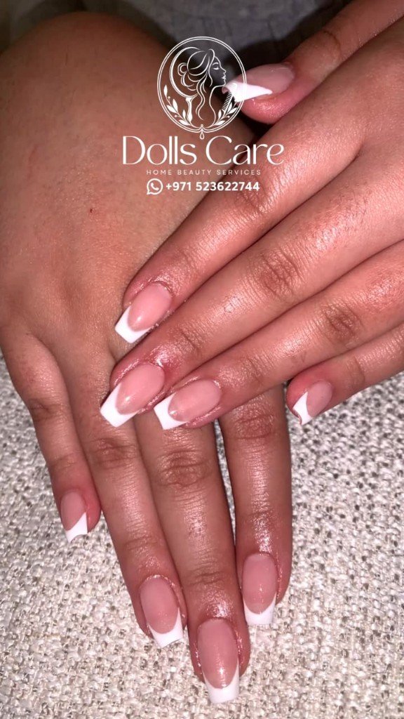 Square French tip manicure at home Dubai