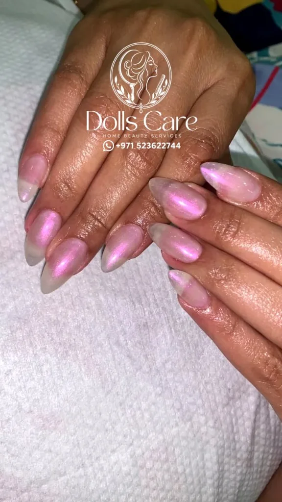 Coral pink gel manicure at home Dubai
