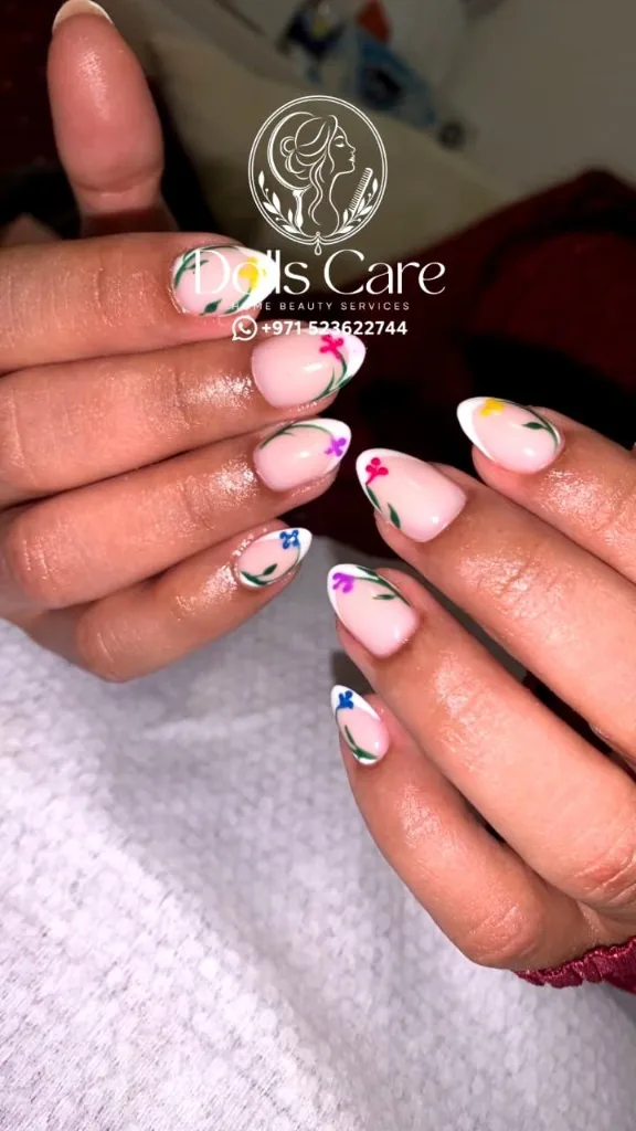 Nail art with floral dots at home Dubai