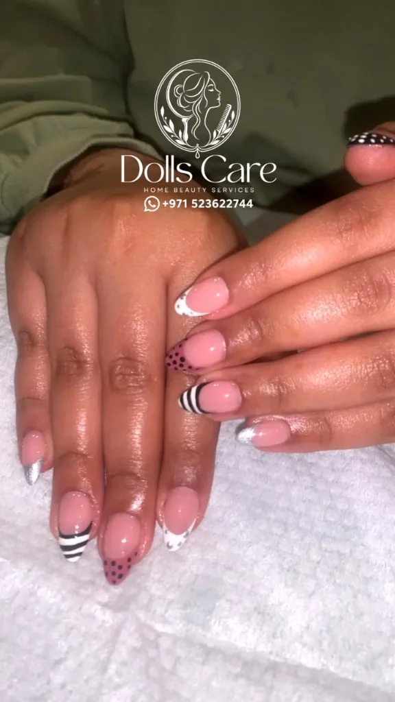 French manicure with floral nail art at home Dubai