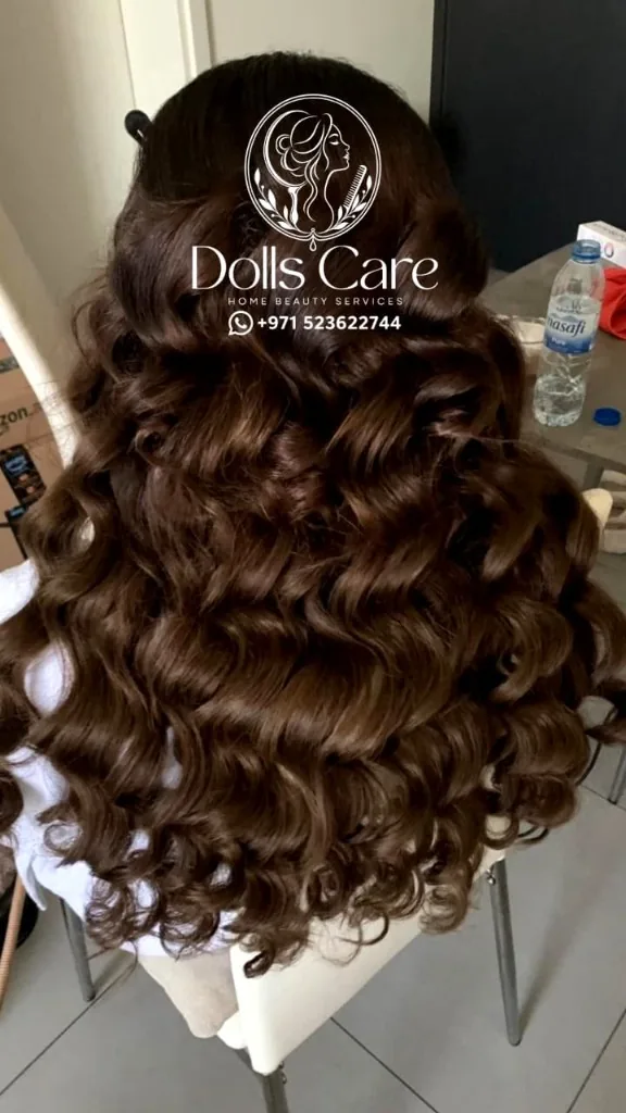Long dark Hollywood waves hair styling at home Dubai