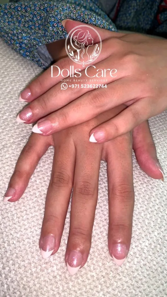 Long nude French tip nail extensions at home Dubai