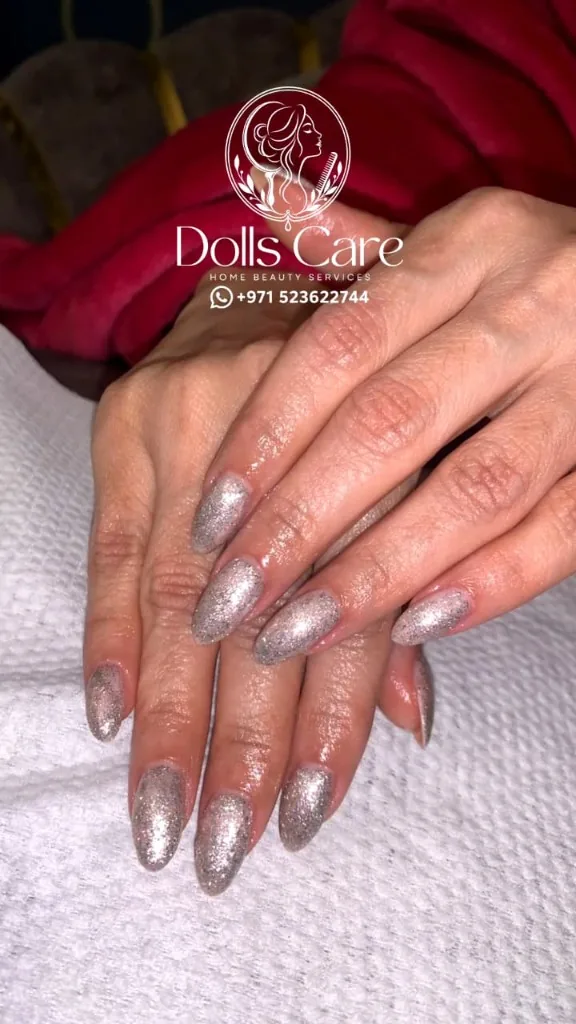 Pink-white ombré almond nails at home Dubai