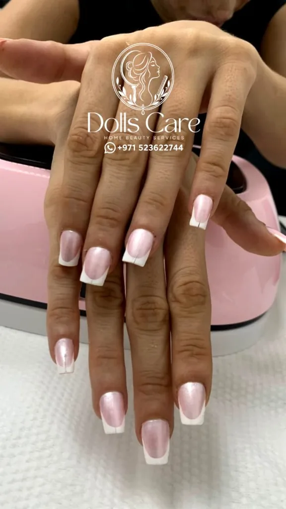 Salmon pink almond gel nails at home Dubai