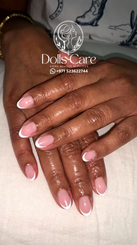 Soft pink almond gel manicure at home Dubai